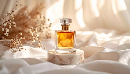 Luxury Golden Perfume Bottle on Marble Podium with Dried Flowers and Silk