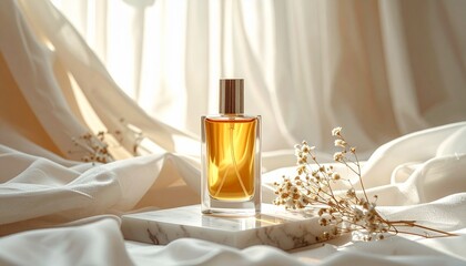 Luxury Golden Perfume Bottle on Marble Podium with Dried Flowers and Silk