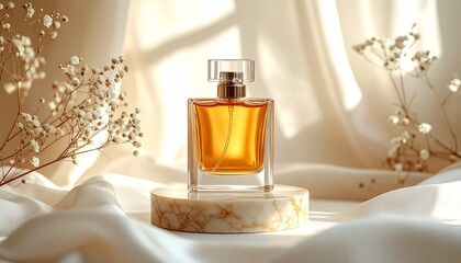 Luxury Golden Perfume Bottle on Marble Podium with Dried Flowers and Silk