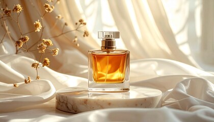 Luxury Golden Perfume Bottle on Marble Podium with Dried Flowers and Silk