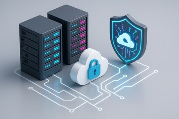 Secure Cloud Infrastructure: A graphic illustrating secure cloud computing, featuring data servers, a protective shield, and a cloud icon with a lock.