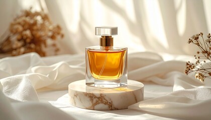 Luxury Golden Perfume Bottle on Marble Podium with Dried Flowers and Silk