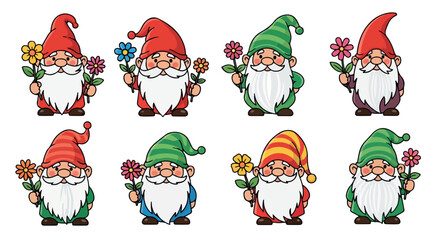 Colorful gnomes holding flowers with transparent background