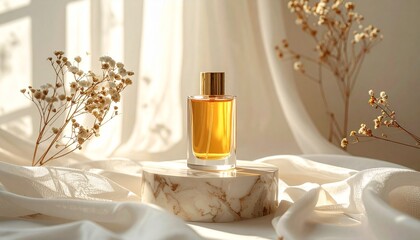 Luxury Golden Perfume Bottle on Marble Podium with Dried Flowers and Silk