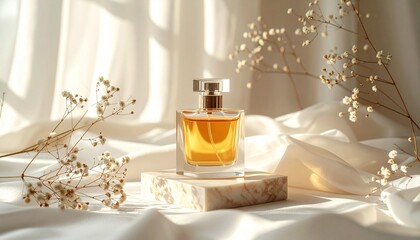 Luxury Golden Perfume Bottle on Marble Podium with Dried Flowers and Silk