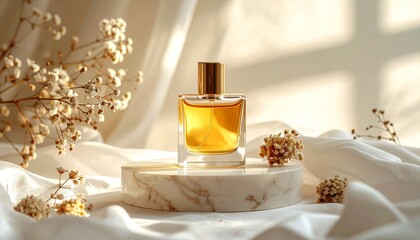 Luxury Golden Perfume Bottle on Marble Podium with Dried Flowers and Silk