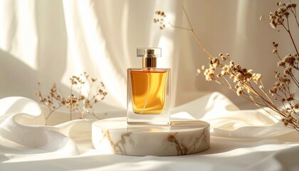 Luxury Golden Perfume Bottle on Marble Podium with Dried Flowers and Silk
