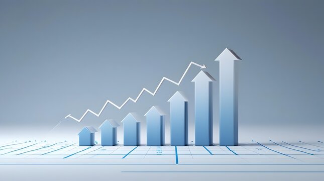 3D graphic vector illustration of a financial bar chart with an upward arrow symbolizing business growth and market success