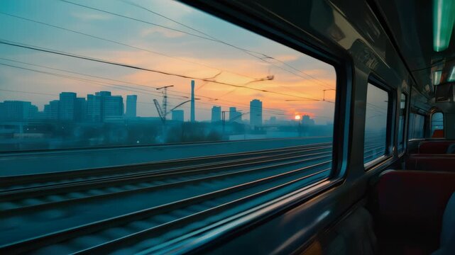 Inside a moving train capturing city skyline at sunset with dynamic window view