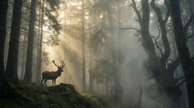Majestic Stag Standing in Foggy Pine Forest with Sun Rays