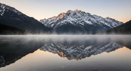 Snow-Capped Mountain Peaks Perfectly Reflected in Calm Misty Lake at Dawn