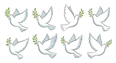 White doves with olive branches, peaceful symbol with transparent background