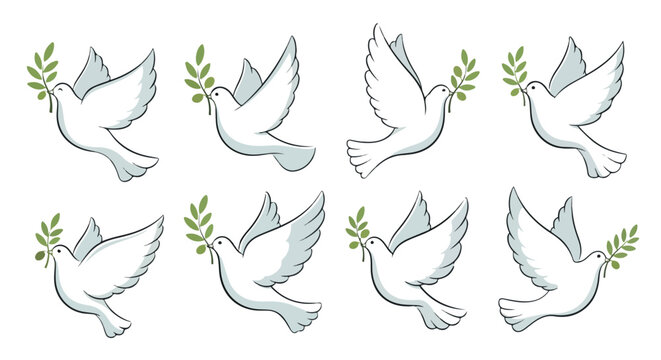 White doves with olive branches, peaceful symbol with transparent background