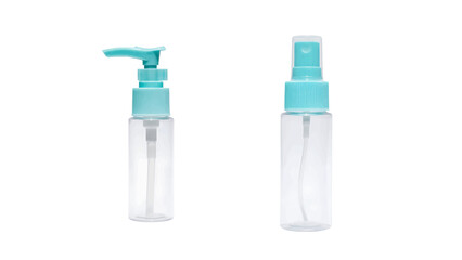 Vector illustration of clear plastic travel pump and spray bottles on transparent background