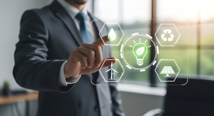 Dynamic businessman selecting sustainable energy options on futuristic interface for eco friendly business practices and renewable resource management initiatives