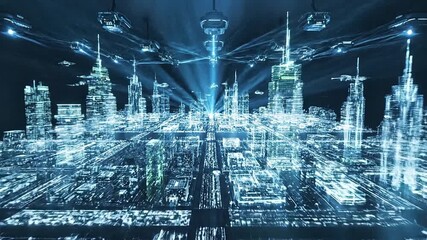 Holographic projectors mounted in the ceiling create the massive digital city hologram below. - Powered by Adobe