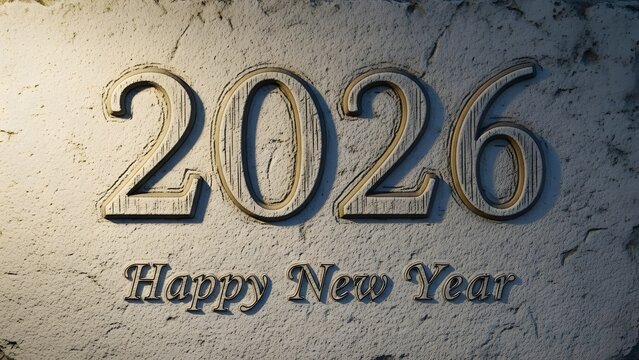 The image shows the year 2026 carved into a stone wall with the words Happy New Year. - Powered by Adobe