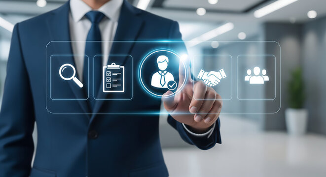 Streamline your hiring process with this dynamic touch screen interface for professional recruitment and talent acquisition in a modern, tech-forward business - Powered by Adobe