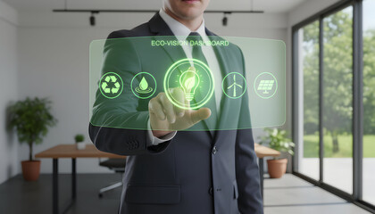 Sustainable business leader interacts with eco-friendly dashboard, promoting green energy and conservation in a modern office for environmental responsibility