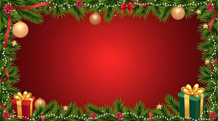 Christmas frame with fir branches, ornaments and gifts