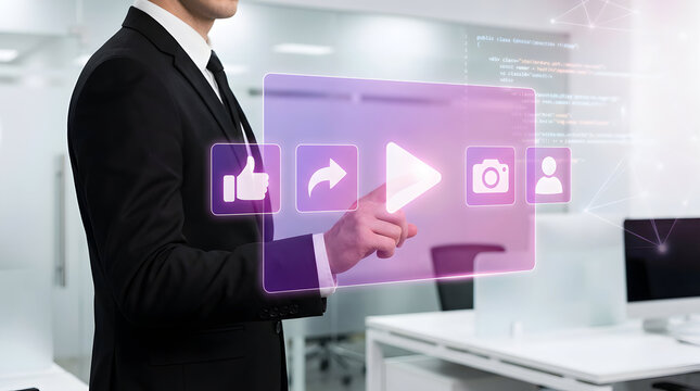 Dynamic businessman interacts with futuristic interface in a modern office, unlocking digital potential with sleek technology and a professional touch