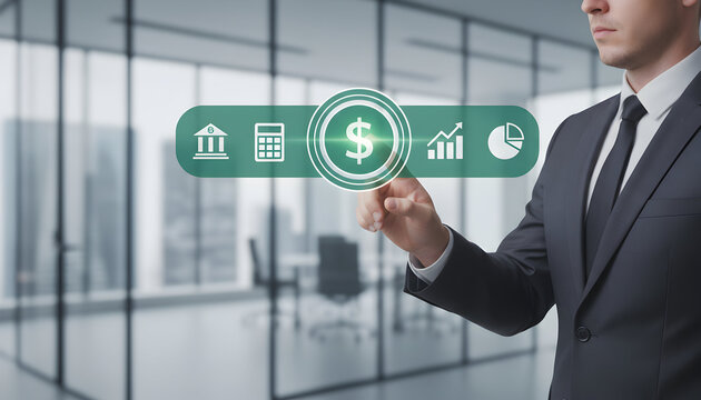 Professional businessman using virtual banking interface for financial planning in modern office, unlocking innovative growth strategies and maximizing investments