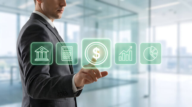 Professional businessman touching virtual financial icons for enhanced business growth and strategic planning in a bright modern office environment