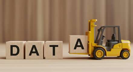 Data driven solutions with a dynamic yellow forklift moving the 'A' block, illustrating big data, analytics and agile innovation for modern businesses