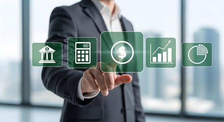 Modern businessman touching interactive financial planning interface for wealth management and investment strategy in a dynamic futuristic office setting