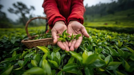 Hands holding freshly picked tea leaves in a lush green tea plantation