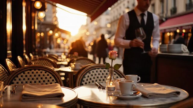Parisian Cafe Scene Tables Chairs and People in the City.