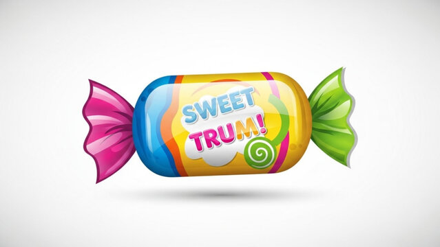 A vibrant and colorful wrapped candy with the words sweet trum displayed prominently on its wrapper isolated on a clean white background
