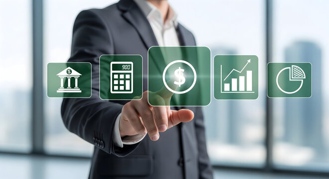 Modern businessman touching interactive financial planning interface for wealth management and investment strategy in a dynamic futuristic office setting