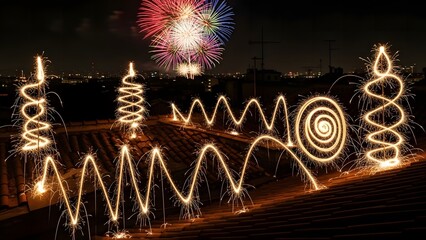 Sparkler trails and fireworks in the night sky, creating festive light patterns.