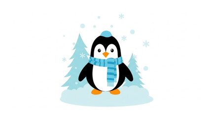 Cute cartoon penguin wearing a blue scarf and hat standing in a snowy winter landscape with pine trees and snowflakes falling