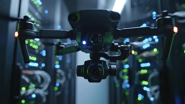 Hovering silently, a mini drone surveillance robot rotates its camera sensor in a dimly lit room. vi 180