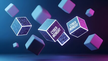 Futuristic Cyber Monday sale background with glowing text on floating 3D cubes under neon light.
