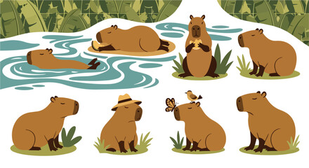Fototapeta premium Capybaras in water and grass, various poses