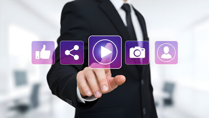 Professional clicks play button on virtual interface for dynamic social media marketing campaign success, engaging modern audience with innovative digital solutions