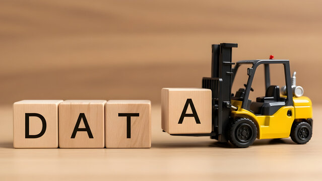 Forklift delivering data solutions with wooden blocks, visualizing information technology, representing modern analytics and business intelligence, innovative strategies