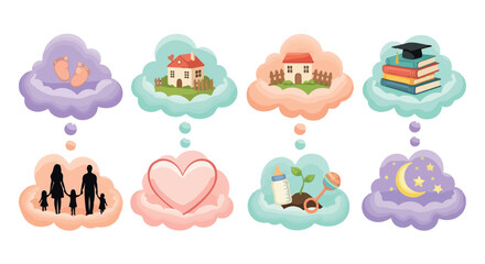 Life milestones concept with cloud thought bubbles