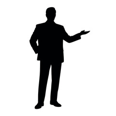 Man in suit silhouette gesturing, presenting information or idea