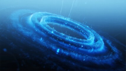 Abstract blue spiral with glowing particles and cosmic-like rings