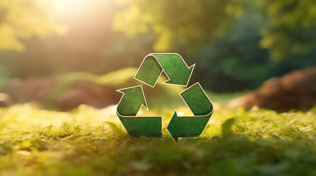 Recycling symbol in a forest setting with sunlight filtering through trees
