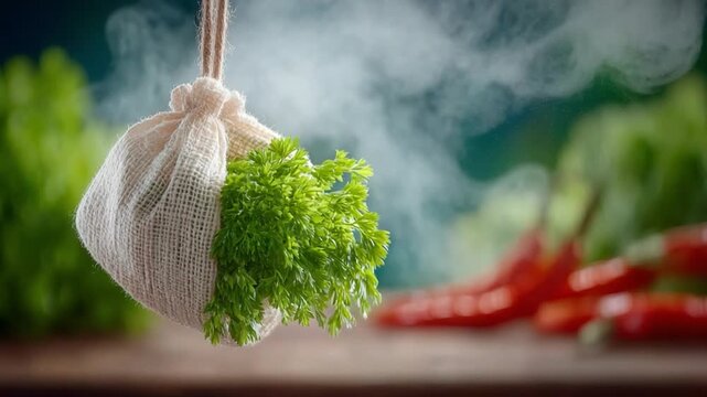 Herbal Delights in the Kitchen: A culinary scene showcases a freshly prepared bundle of fragrant herbs, releasing aromatic steam and promising a burst of flavor in every dish.