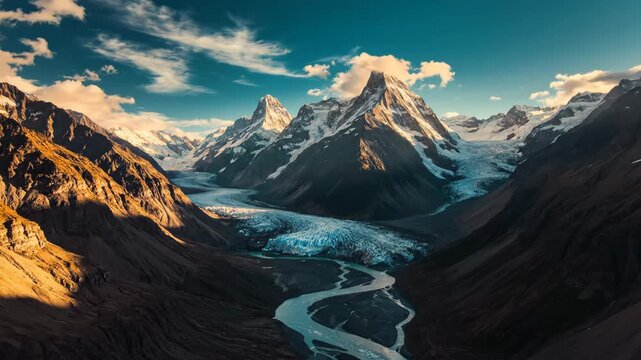 Majestic glacial valley with towering, snowcapped mountain peak, winding river, and dramatic blue ice flow at sunset 4k video