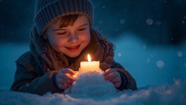 Young girl is sitting in the snow holding a candle - Powered by Adobe