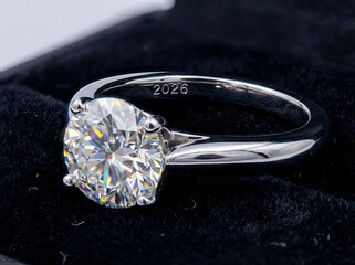 Elegant diamond engagement ring with a brilliant-cut stone and silver band on a dark background.
