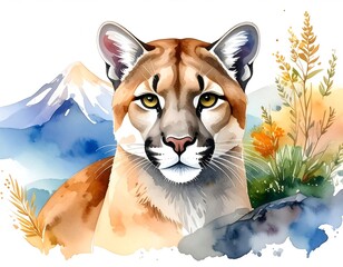 Watercolor cougar portrait with mountain backdrop