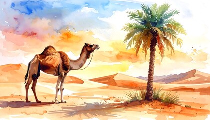 Watercolor desert scene with camel and palm tree (1)